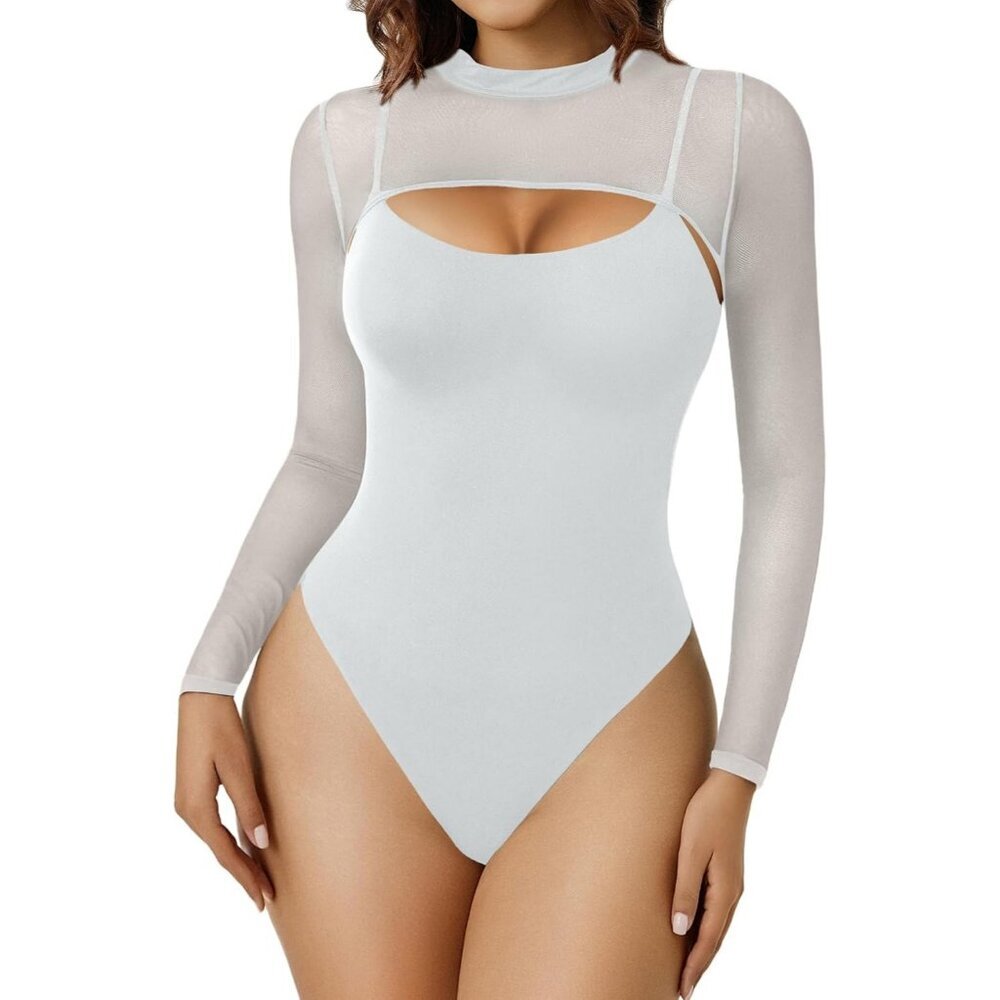 Women's White Turtle Neck Long Sleeve Two Piece Cami Shapewear Bodysuit Tops